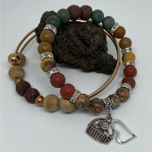 Elegant Beaded Bracelet & Bangle Set with Heart & Cat Charm